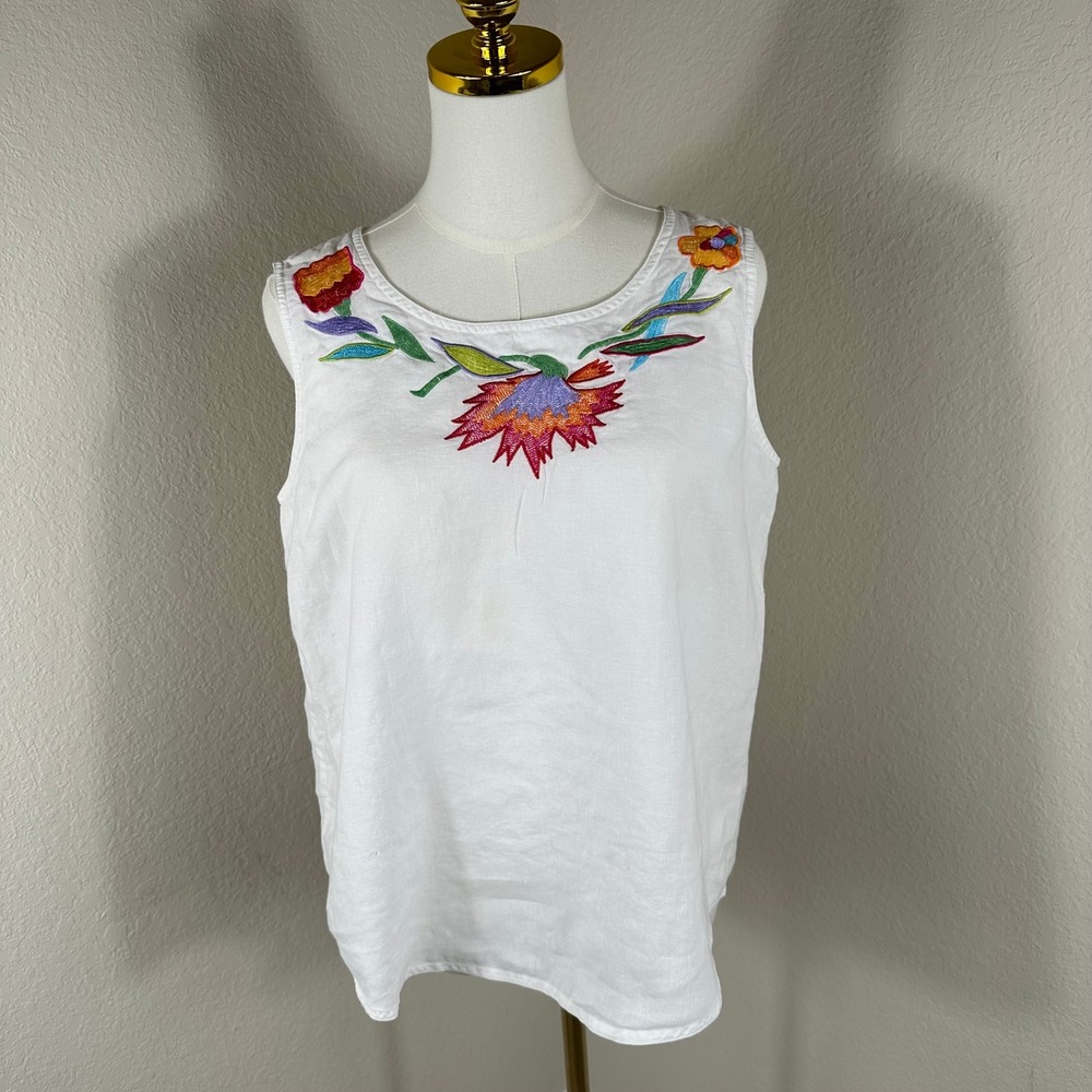 VTG I.B. Diffusion Tank Top Women 8 White Embroidered Linen Boho Cottagecore